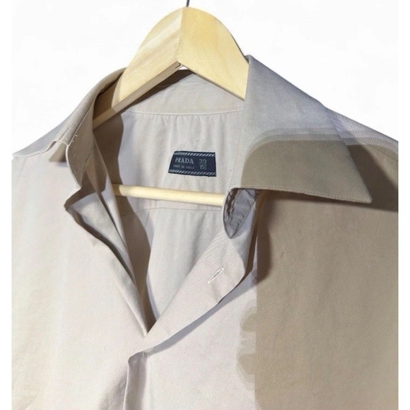 Vintage PRADA Made Italy Beige Stretch, Collar Lng Sleeve Dress Shirt 39"15-1/2" - Picture 8 of 16